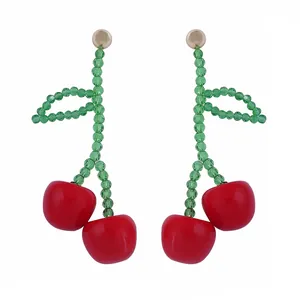 Handmade Beaded Cherry Drop Earrings Sweet Bohemian Fruit Resin Artificial Crystal Dangle Earrings For Women Vacation Jewelry