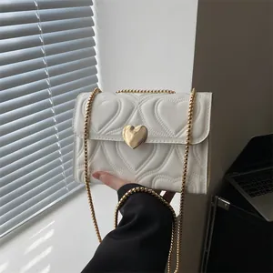 Women Heart Quilted Chain Shoulder Bag PU Leather Small Square Crossbody Bag With Golden Heart Lock Fashion Handbag Bag