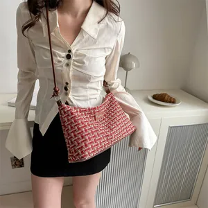 Borsa Sotto l'Ascella in Tweed Rétro Francese Donna Quadrata a Scacchi Tracolla Con Cinturino in Pelle Annodato Chiusura a Cerniera Borsa Quotidiana