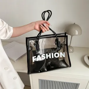 Women's Transparent PVC Jelly Tote Bag Letter Print Fashion Beach Large Capacity Shoulder Bag With Inner Pouch