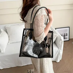 Transparent PVC tote bag with Fashion print and black inner pouch for summer beach use