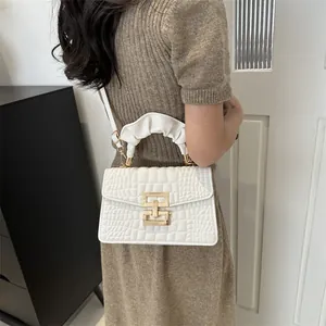 White crocodile pattern crossbody bag with gold lock and ruched handle for women