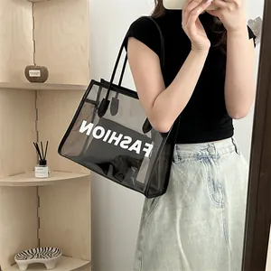 Transparent grey PVC tote bag with FASHION letter print and inner pouch for women