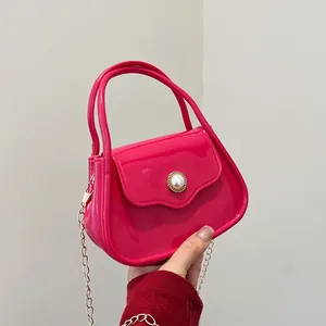 Women's Mini Jelly Bag Pearl Buckle Handbag Kids Fashion Chain Shoulder Bag Crossbody Bag PU Material Square Party Purse