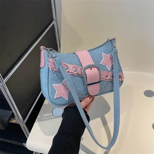 Women's Y2K Denim Underarm Bag Pink Star Patchwork Streetwear Shoulder Bag With Metal Chain Buckle Zipper Closure Bag