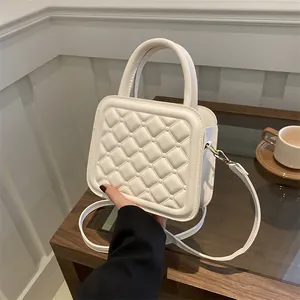 Fashion PU Leather Quilted Crossbody Bag Minimalist Small Square Handbag With Top Handle Adjustable Shoulder Strap For Women