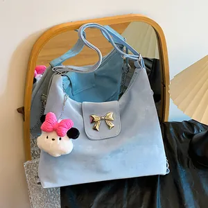 Women Fashion PU Leather Hobo Bag Bowknot Decor Metal Chain Shoulder Bag Small Underarm Crossbody Bag With Plush Charm
