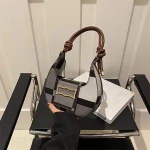 Damen Vintage Plaid PU Leder Achseltasche Mode Knotengriff Hobo Tasche Kleine Quadratische Schultertasche Mit Metallschnalle