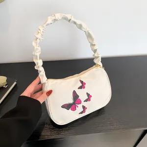 Women Butterfly Print Underarm Bag Y2K Style Pleated Scrunchie Strap Nylon Shoulder Bag Casual Zipper Handbag Summer Travel