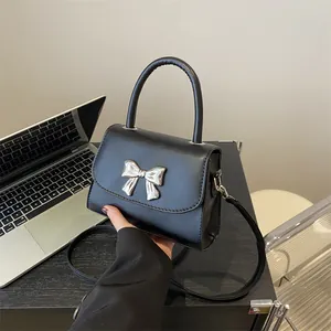 Women Fashion Bow Small Square Bag PU Leather Top Handle Crossbody Shoulder Bag Summer Street Style Daily Handbag