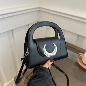 Women Fashion Mini Handbag PU Leather Shoulder Crossbody Bag With Crescent Metal Buckle Minimalist Trapezoid Solid Color Purse