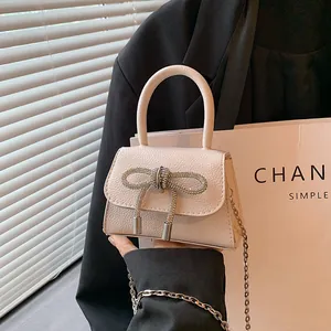Vrouwen Koreaanse Strik Strass Handtas Elegante PU Leer Kleine Vierkante Tas Met Ketting Schouderriem Mode Dagelijkse Crossbody Tas