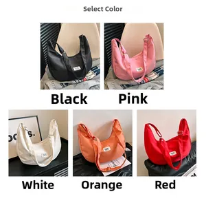 Detailed display of crescent nylon crossbody bags in five colors with adjustable straps