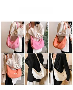 Collage of model wearing lightweight nylon crescent bags in pink, orange, and cream white
