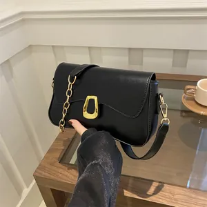 French Vintage Women PU Leather Underarm Bag Minimalist Gold Chain Shoulder Bag Geometric Buckle Small Square Crossbody Bag