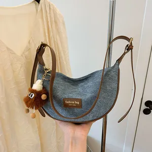Women Vintage Crescent Half-moon Shoulder Bag PU Leather Denim Hobo Bag Casual Commuting Crossbody Bag With Plush Toy Pendant