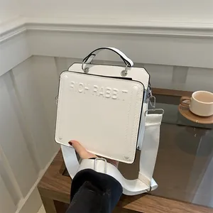 Women Minimalist PU Leather Square Crossbody Bag With Embossed Letters Large Capacity Handbag Casual Wide Strap Shoulder Bag Fashion Gift