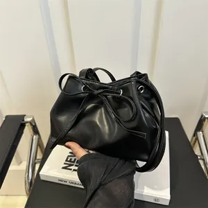 Women Fashion Bow Decor PU Leather Bucket Bag Niche Design Underarm Shoulder Bag Trendy Drawstring Commuter Handbag Purse