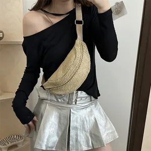 Fashionable beige woven half-moon chest bag with adjustable nylon strap for women