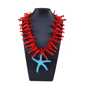 Collier corail rouge avec pendentif étoile de mer bleue pour femmes style bohème