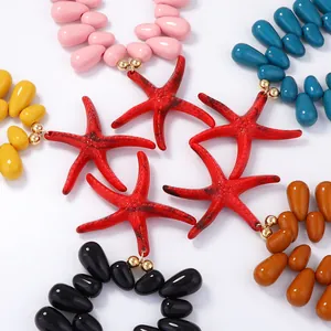 Ocean Style Vacation Statement Beaded Necklace With Red Starfish Pendant Colorful Teardrop Beads Adjust Chain Jewelry For Women