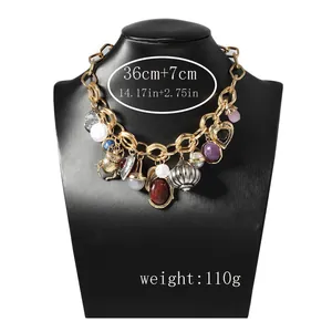 Retro chunky chain necklace with heart, gemstone, pearl, and beetle charms with size specs