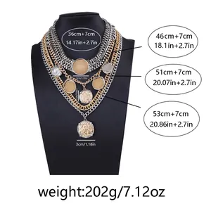Detailed size chart for layered punk chain necklace with pendant weight and measurements