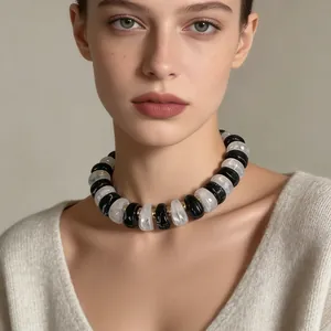 Collier Ras du Cou Exagéré Géométrique en Résine avec Perles de Marbre Pour Femme Bijoux Fantaisie Bohème Vintage Statement