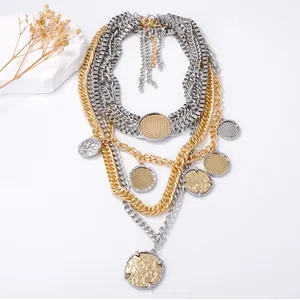 Multilayer chain necklace set with gold and silver geometric coin pendants in punk style