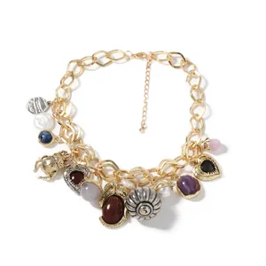 Retro bohemian gold chain necklace with beetle, heart and colorful gemstone pendants