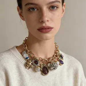 Vintage Bohemian Multi-Pendant Chunky Chain Necklace Women Zinc Alloy Scarab Heart Faux Artificial Pearl Gemstone Statement Jewelry