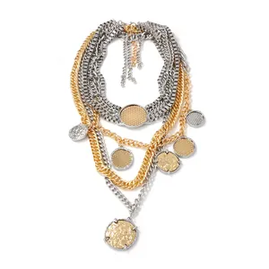 Multi-layer gold and silver mixed chain necklace with geometric round badge pendants