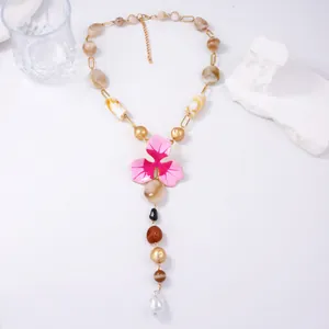 Elegante collana a Y con catena di perline e ciondolo a fiore in resina rosa chic