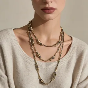 Vintage Multi Layer Beaded Necklace For Women Antique Gold Dark Gray Geometric CCB Plastic Beads Three Strand Necklace Jewelry Gift