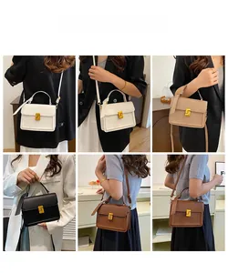 Detailed views of vintage square handbag in various colors with golden S-lock buckle