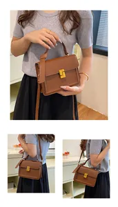 Detail of a brown rectangular small square bag with a geometric gold buckle and top handle