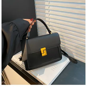 Detail of black matte square handbag with gold rotary buckle on white book