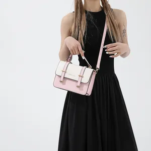 Pink and white stylish crossbody square bag with two straps and fashion text display