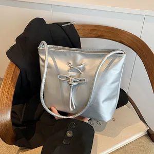 Women Balletcore PU Leather Shoulder Bag With Bow Ribbon Cross Straps Small Tote Bucket Bag Fashion Daily Casual Bag