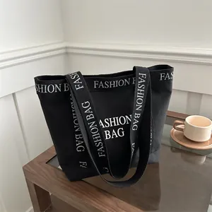 Women Fashion Letter Print Canvas Tote Bag Vintage Large Capacity Shoulder Handbag Casual Commuting Shopping School Bag