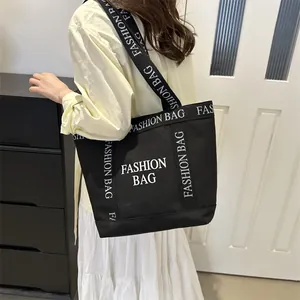 Retro black canvas tote bag with wide fashion bag shoulder strap for women