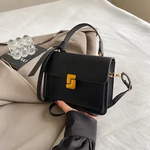 Women Minimalist PU Leather Small Square Bag Vintage Gold Geometric Metal Lock Handbag Shoulder Crossbody Bag