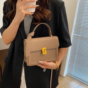 Minimalist earth-tone square crossbody bag with gold geometric clasp and top handle