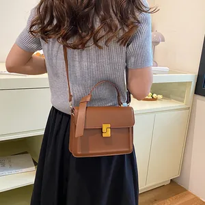 Classic brown structured square handbag with a gold geometric buckle and top handle design