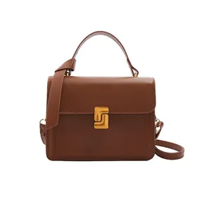 Minimalist brown leather rectangular handbag with gold buckle and top handle