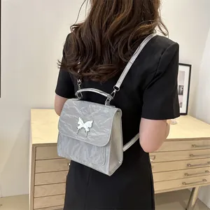 Silver metallic butterfly mini backpack with pleated faux leather for women fashion