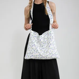 Bolso tote grande de lona con flores minimalista para mujer con motivos florales azules
