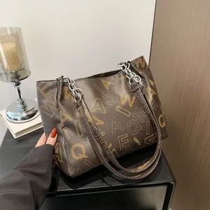 Large Capacity PU Leather Tote Bag Fashion Letter Print Shoulder Bag With Metal Chain Strap Versatile Commuting Handbag For Women