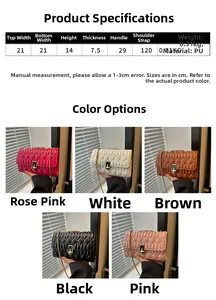 Size chart and color guide for women's quilted chain crossbody bag in five elegant colors