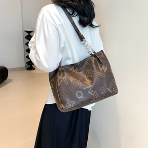 Large capacity dark brown tote bag with letter prints and chain strap for women